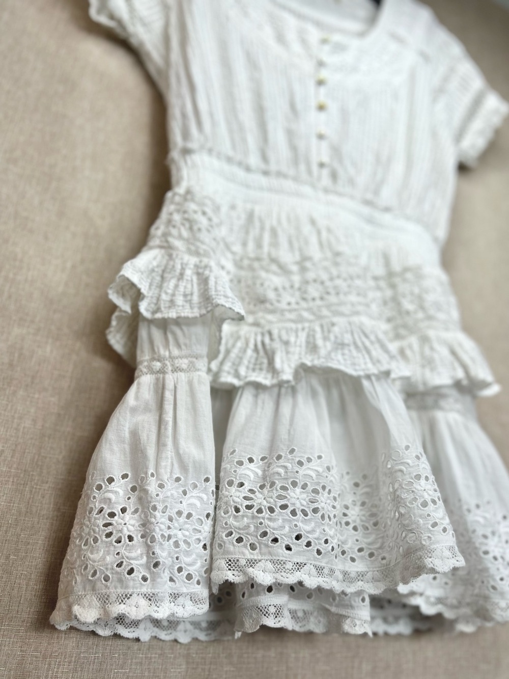 LoveShackFancy Jeromie White V-Neck Eyelet Mini Dress, Small - Picture 9 of 10